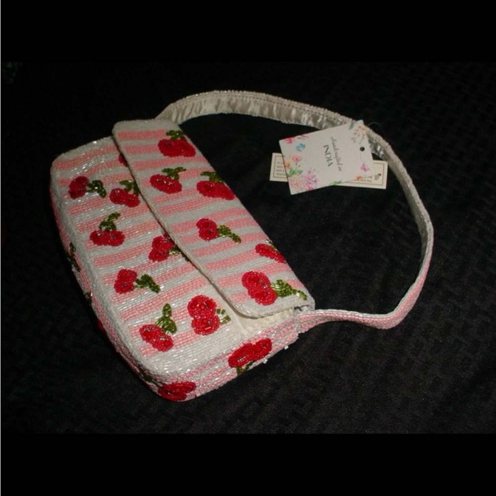 INDIA NWT Cherry Beaded Pink Stripes Flap Snap Bag